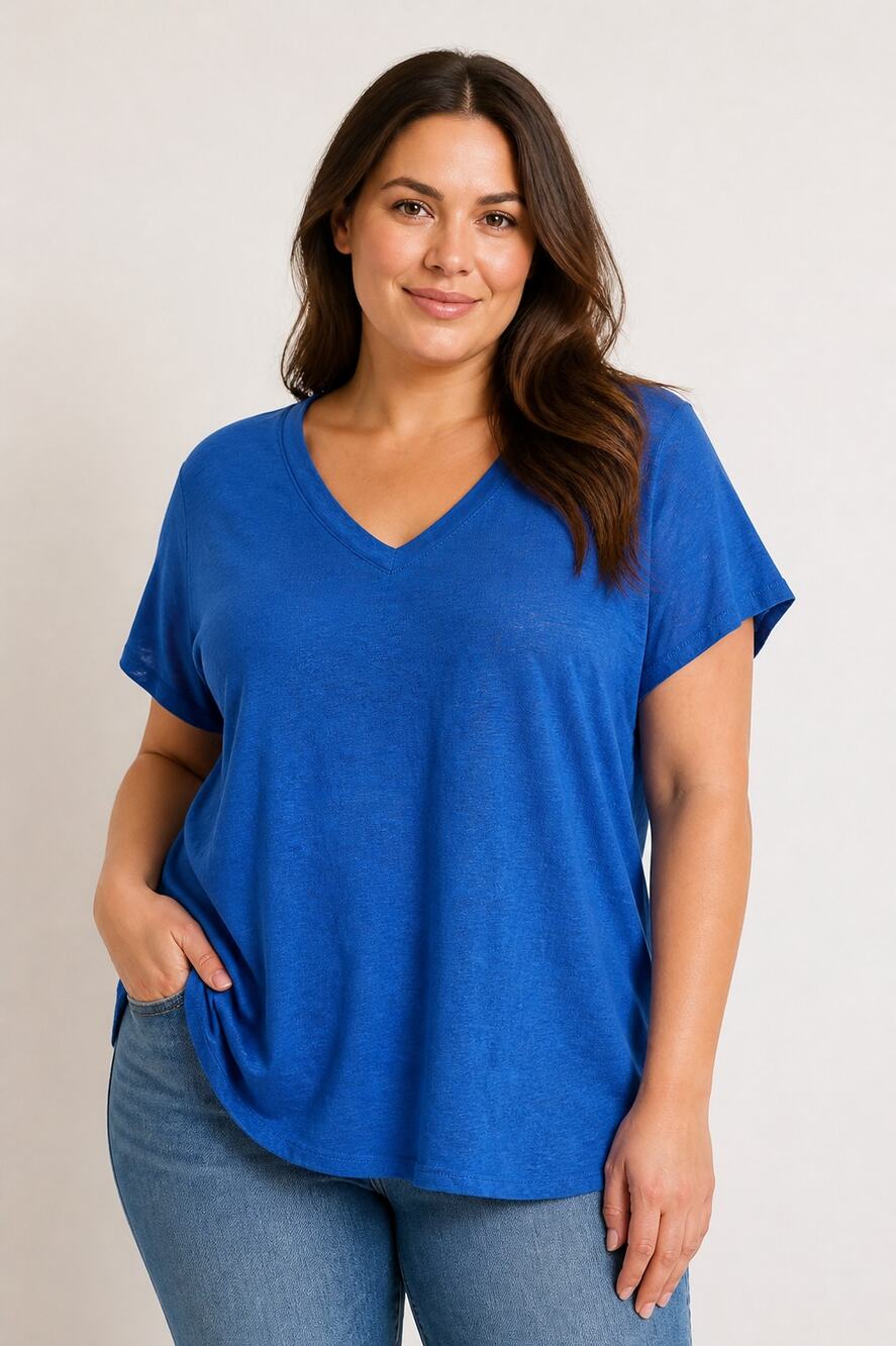 Tahari Blue V-Neck Linen Top 2X Plus Size